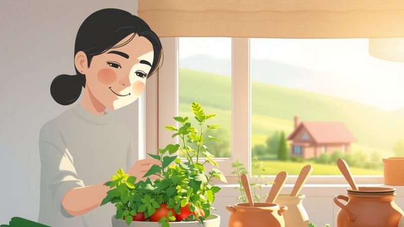 Cocina tranquila con exuberante vegetación