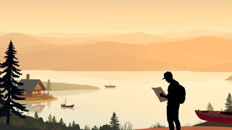 Un explorador estudia mapas junto al lago