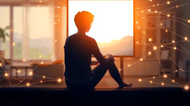 Una figura reflexiva observa conexiones digitales sutiles