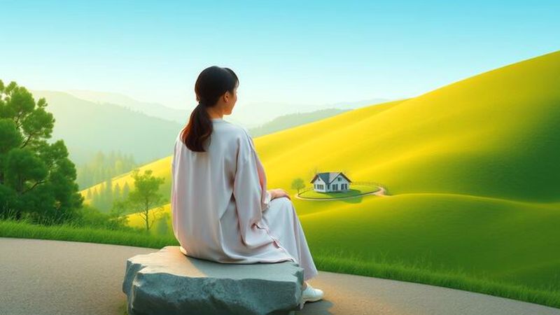 Una mujer tranquila contempla la paz natural