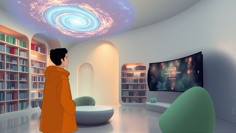 Un ser contempla nebulosas en un espacio tranquilo